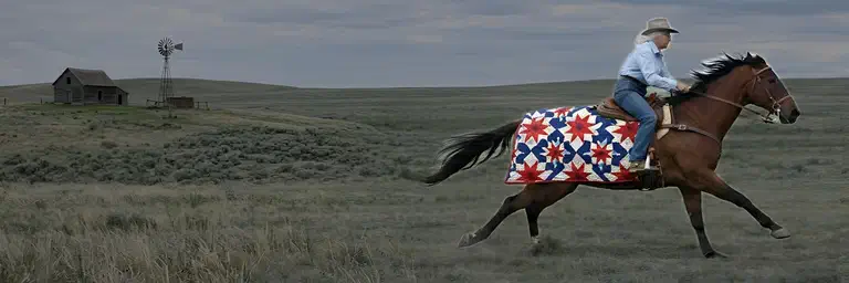 Cowboy riding horse with a handmade quilt across a prairie landscape